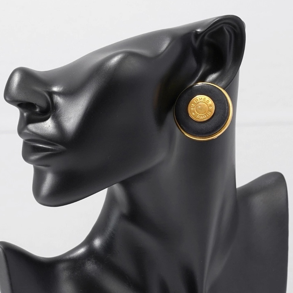 HERMES Selle Clip On Earrings Black Leather Gold Button